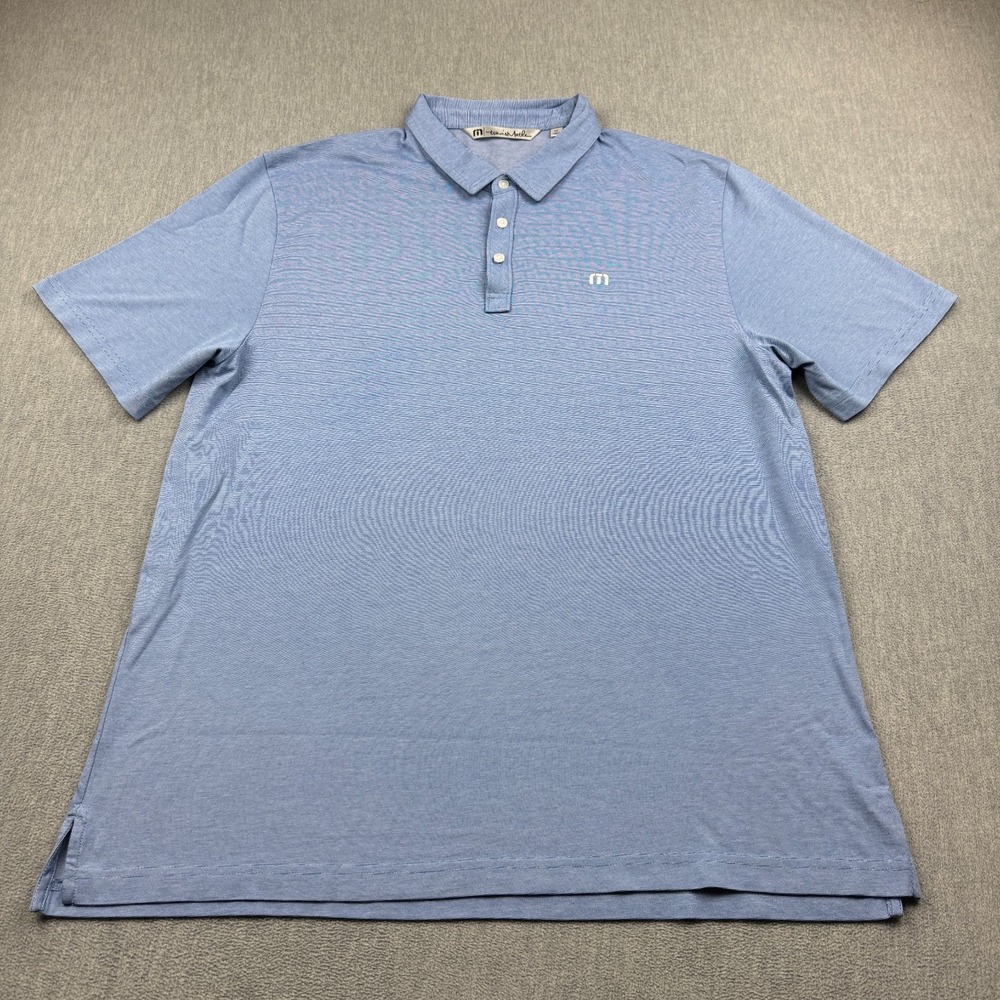 Travis Mathew Shirt Mens 2XL Blue Striped Short Sleeve Golf Performance Polo Top